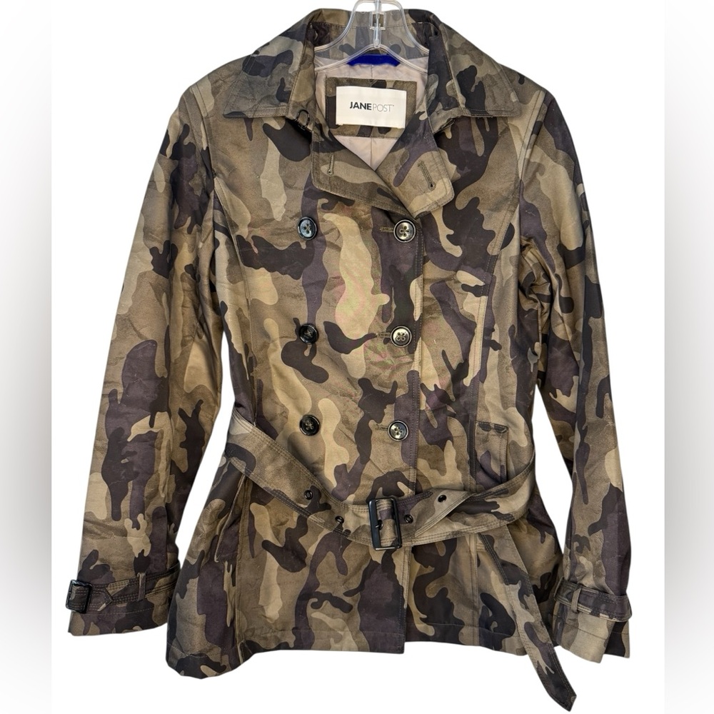 Jane Post Camouflage Belted Trench Coat XS Italian Fabric Double Breasted